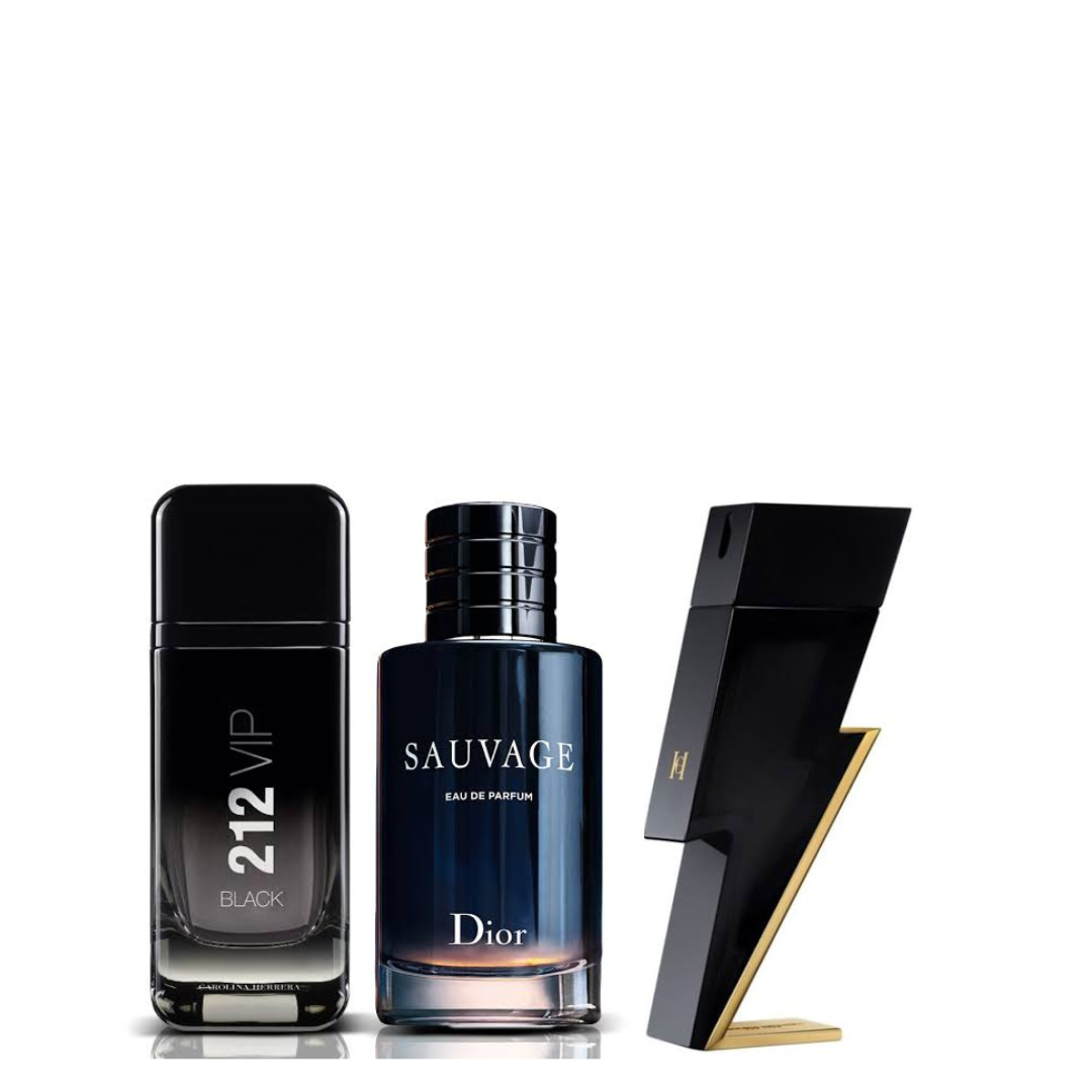 Combo Especial: 3 Perfumes Masculinos Icônicos – 212 VIP Black, Sauvage Dior e Bad Boy Carolina Herrera