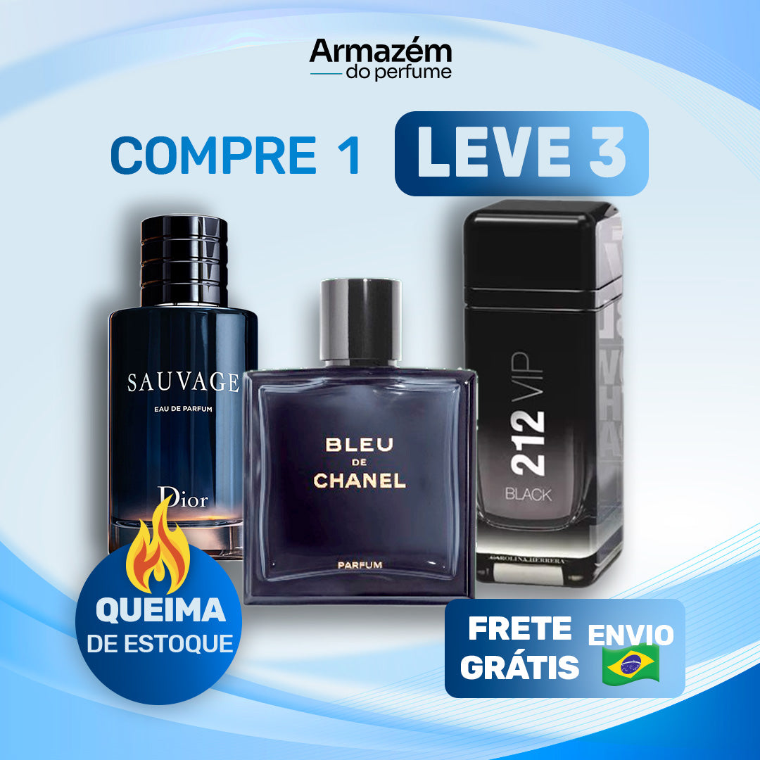 3 Perfumes Masculinos TESTER (100ml) - 212 VIP Black | Bleu de Chanel  | Sauvage