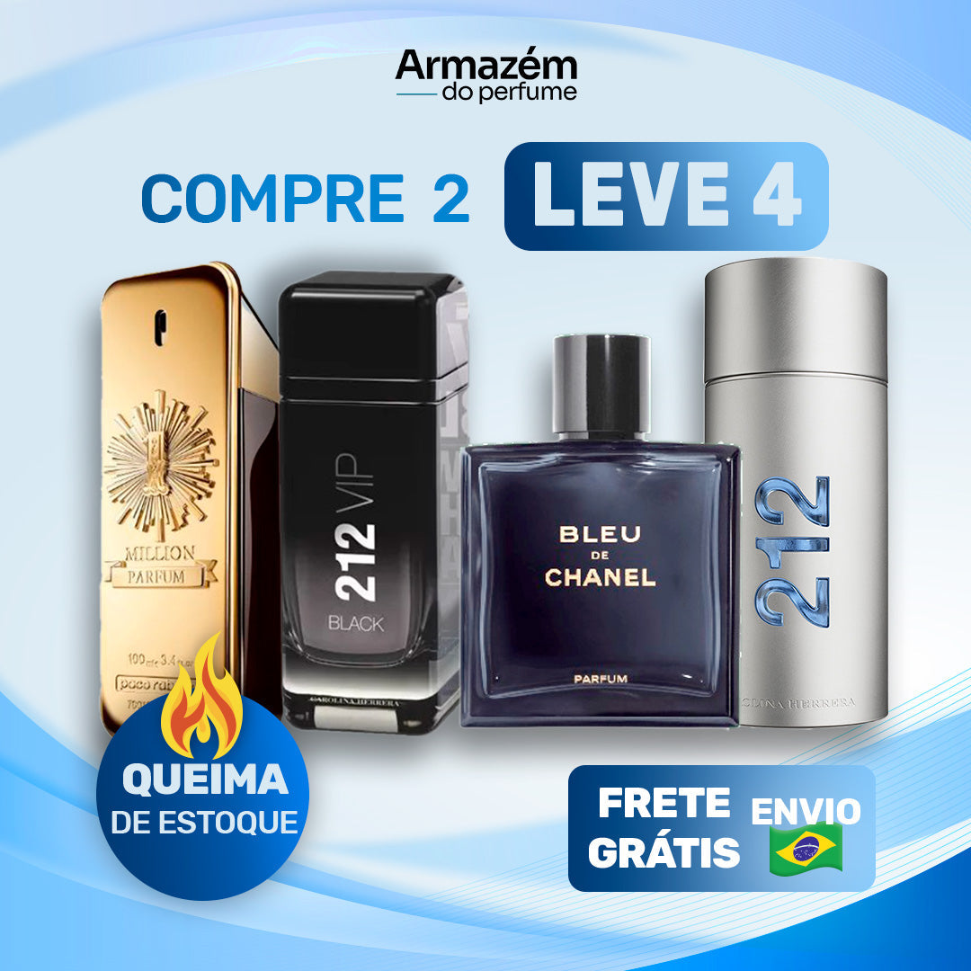 4 Perfumes Masculinos (100ml) - 1 Million | Bleu de Chanel | 212 MEN | 212 VIP Black