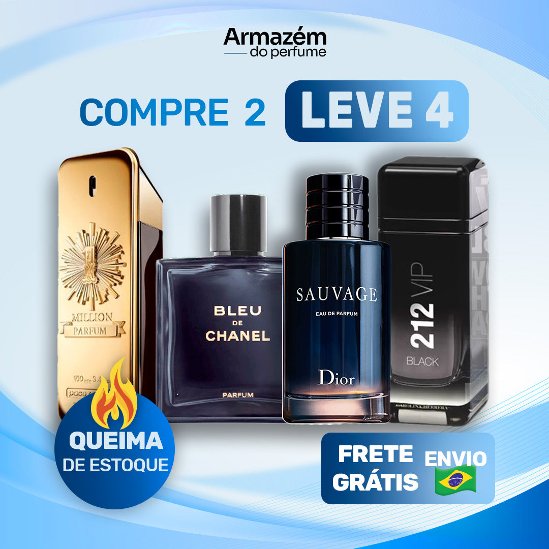 4 Perfumes Masculinos (100ml) - 1 Million | Bleu de Chanel | Sauvage | 212 VIP Black
