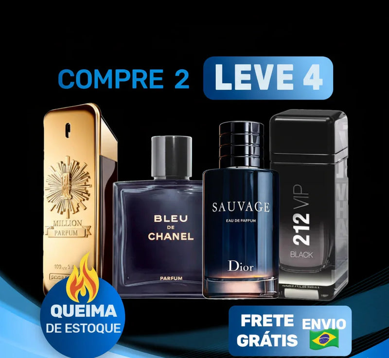 Promoção de perfumes importados com queima de estoque, compre 2 leve 4 e frete grátis.