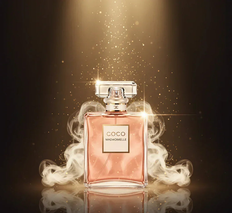 Frasco de perfume Coco Mademoiselle iluminado, cercado por fumaça e brilhos dourados