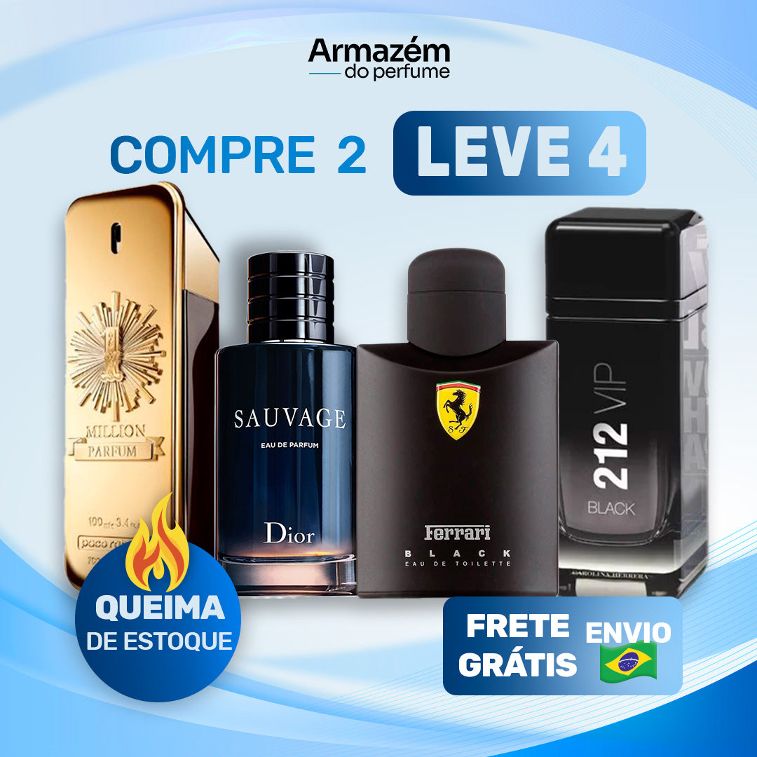 4 Perfumes Masculinos (100ml) - 212 VIP Black | Sauvage | 1 Million | Ferrari Black