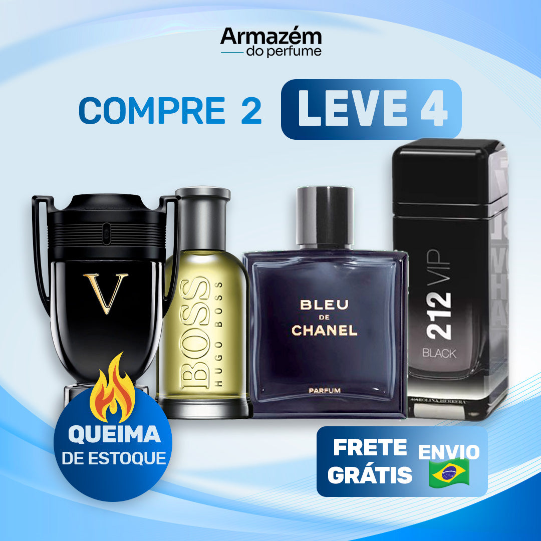 4 Perfumes Masculinos (100ml) - Bleu de Chanel | 212 VIP Black | Hugo Boss | Invictus Victory