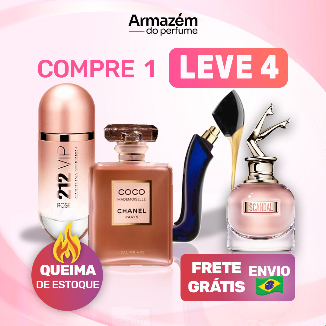 Combo 4 Perfumes Femininos Importados (100ml) - 212 VIP Rosé | Chanel Nº 5 | Good Girl | Scandal |