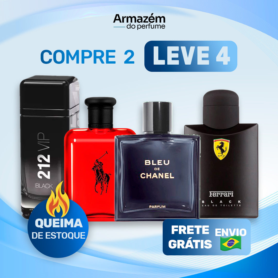 4 Perfumes Masculinos (100ml) - Ferrari Black | Polo RED | BLEU DE CHANEL | 212 VIP MEN